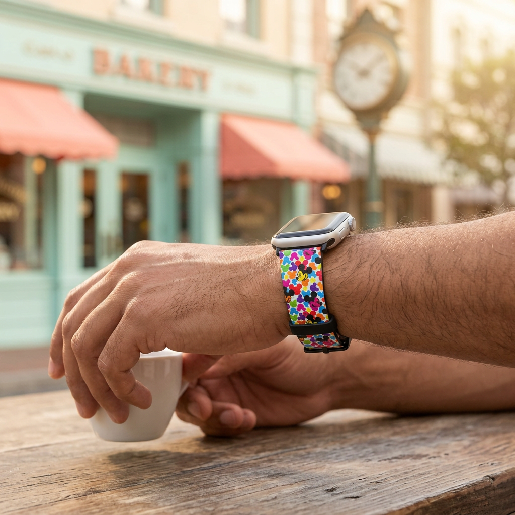 Rainbow-pattern watchband at a retro café