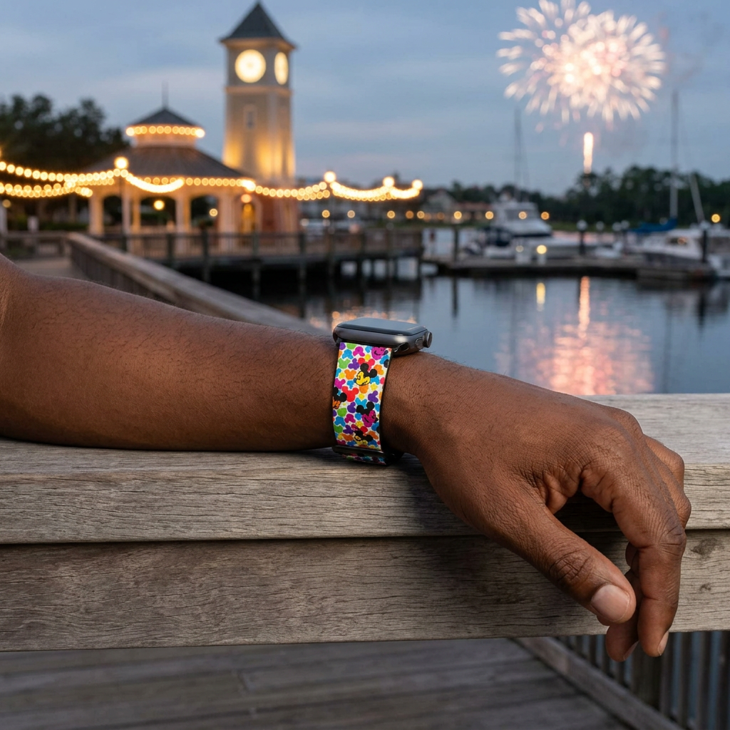Rainbow-pattern watchband beside a glowing waterfront clock tower