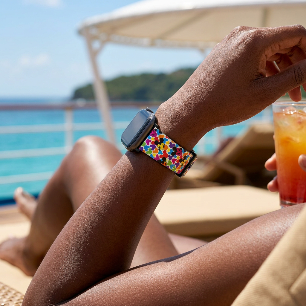 Rainbow-pattern watchband on a cruise deck