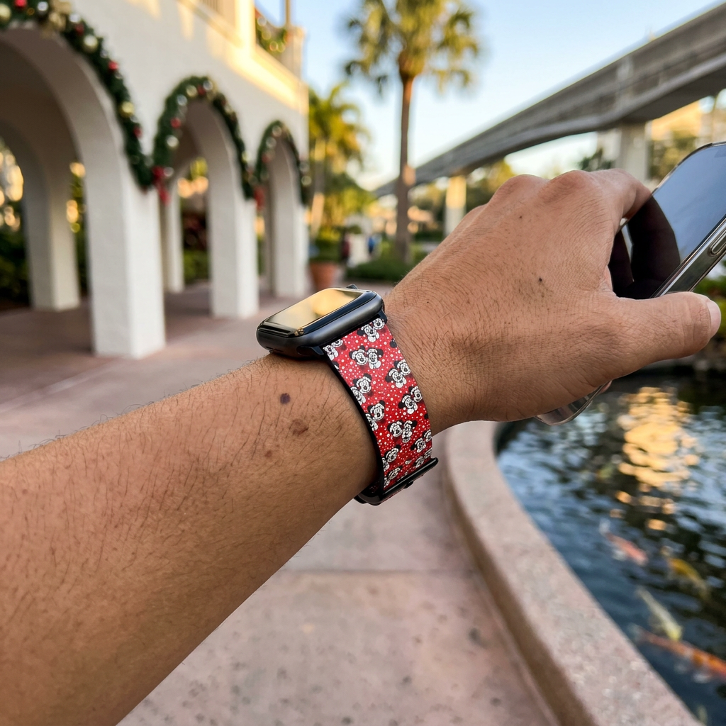 Red festive watchband along a resort pathway