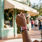 Red festive watchband at a retro café