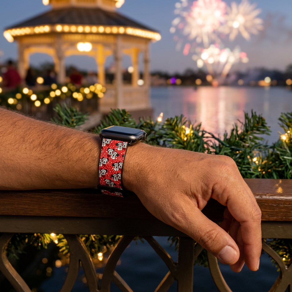 Red festive watchband beside a glowing waterfront gazebo
