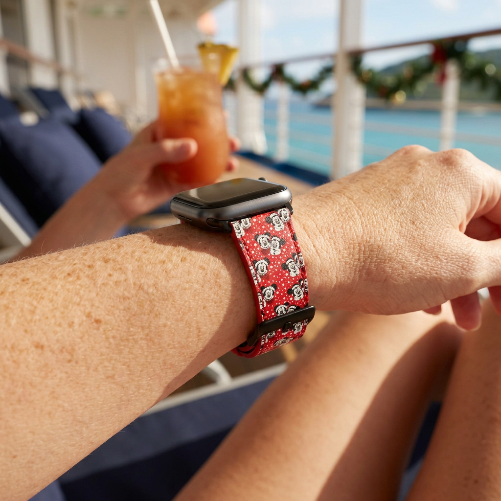 Red festive watchband on a cruise veranda