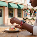 Red snowflake watchband at a retro café