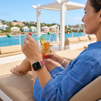 Red snowflake watchband on a cruise lounger