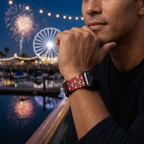 Red snowflake watchband with waterfront lights and fireworks