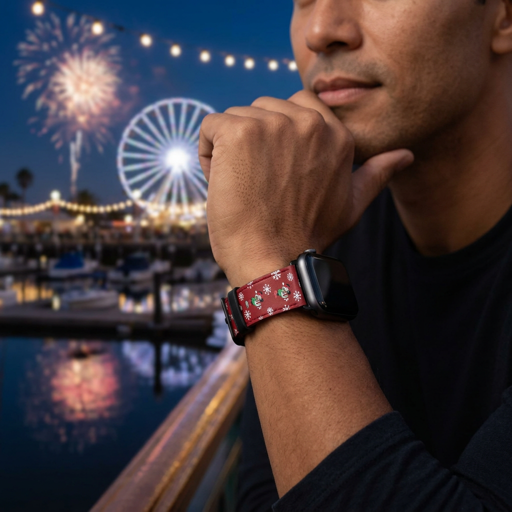 Red snowflake watchband with waterfront lights and fireworks