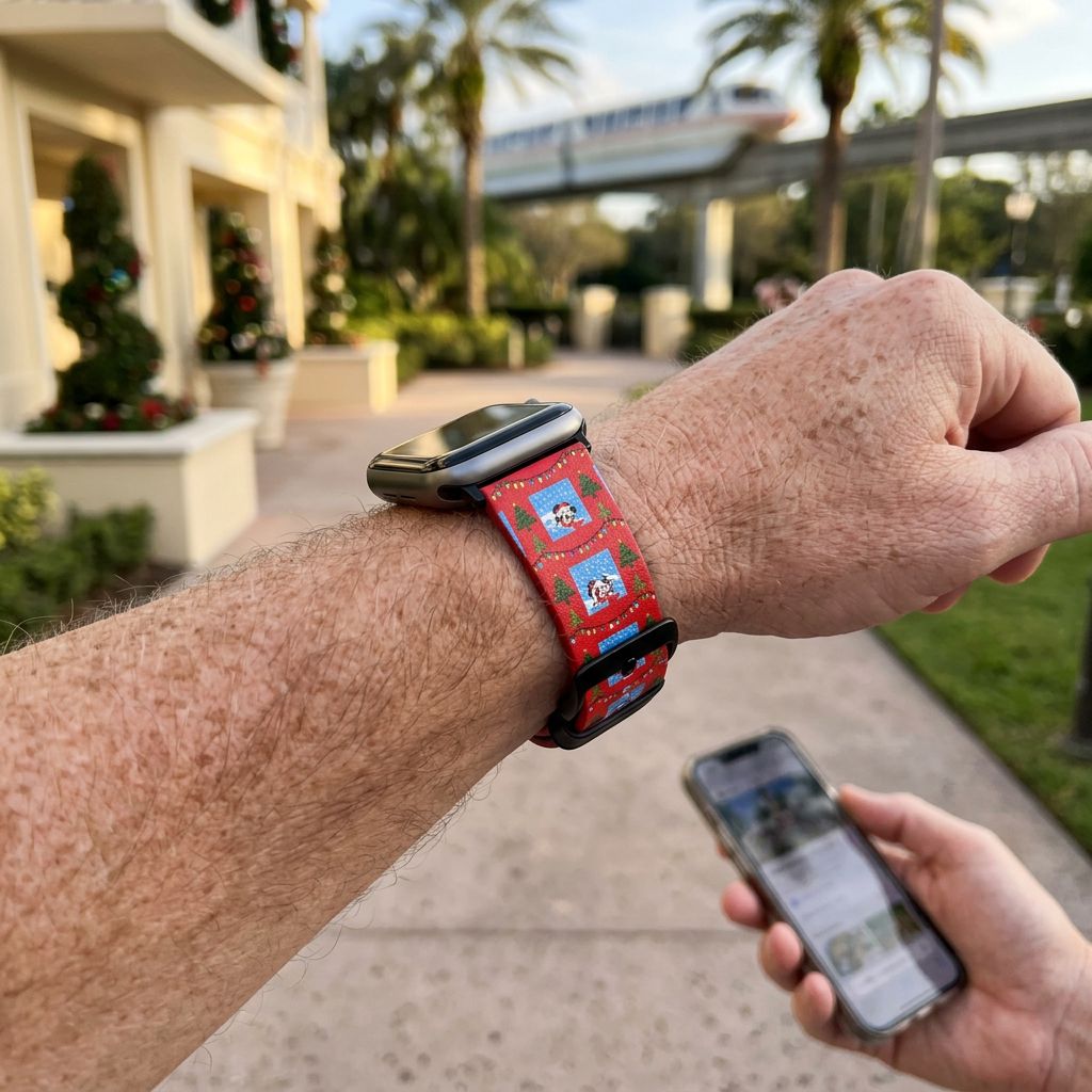 Red winter-scene watchband along a resort courtyard