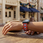 Red winter-scene watchband at a retro café