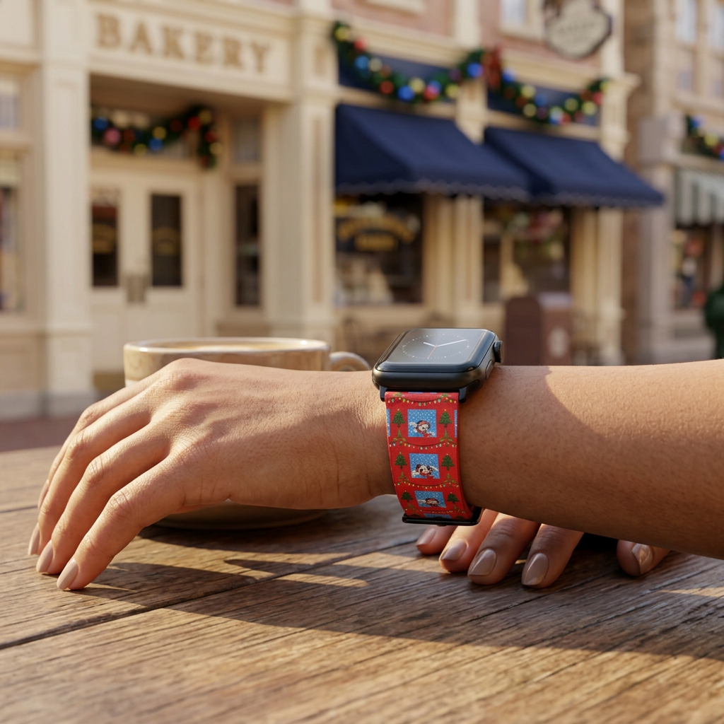 Red winter-scene watchband at a retro café