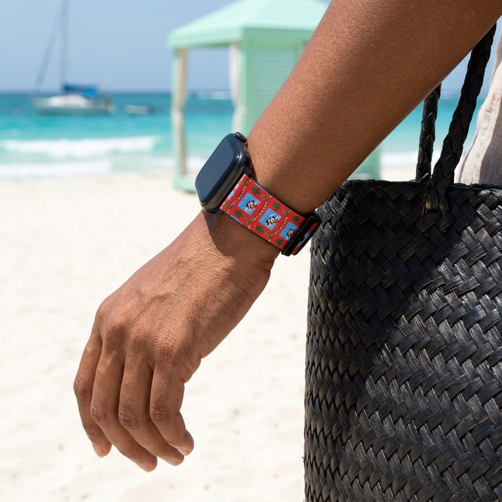 Red winter-scene watchband at a tropical beach