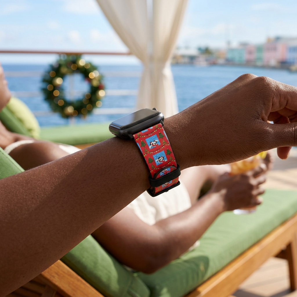 Red winter-scene watchband on a cruise deck