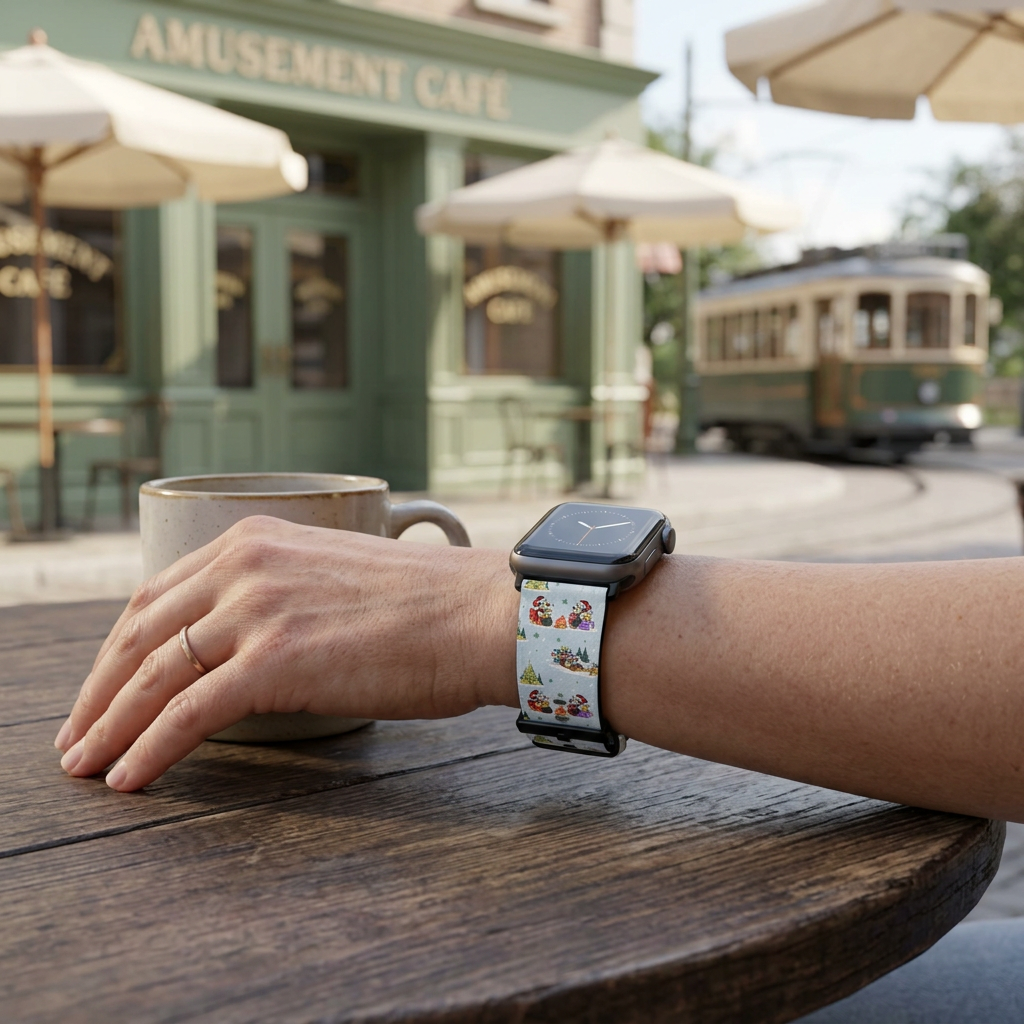 Replacement main lifestyle image for the pale blue sleigh-and-castle watchband