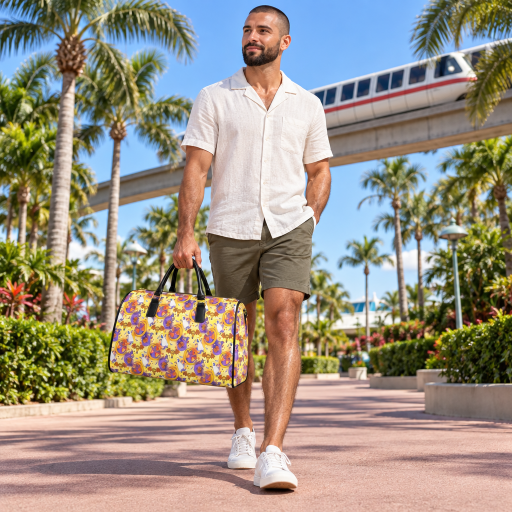 Resort pathway traveler with yellow Figment travel bag