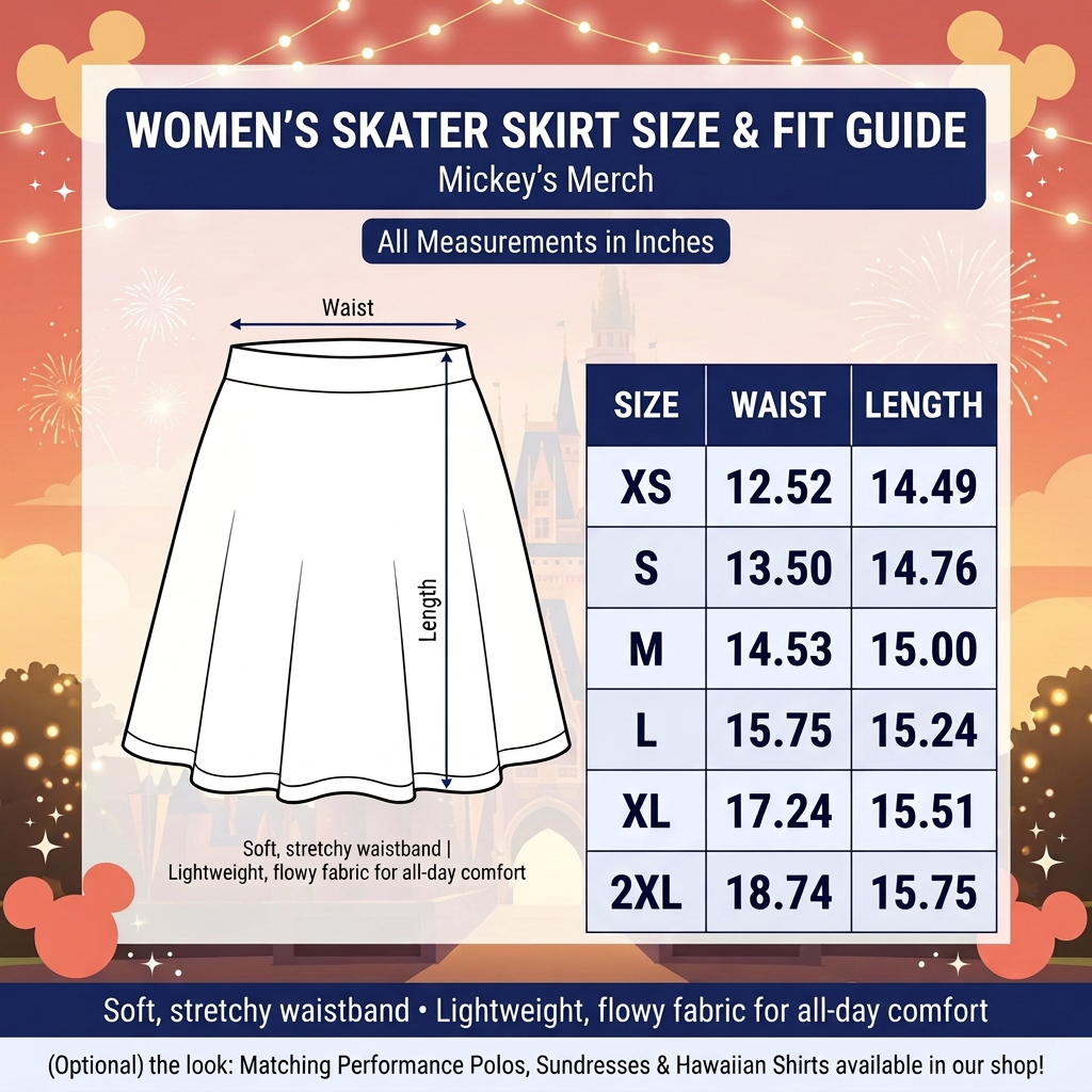Skater skirt size chart without model references