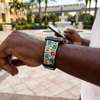 Stamp-pattern watchband along a resort courtyard