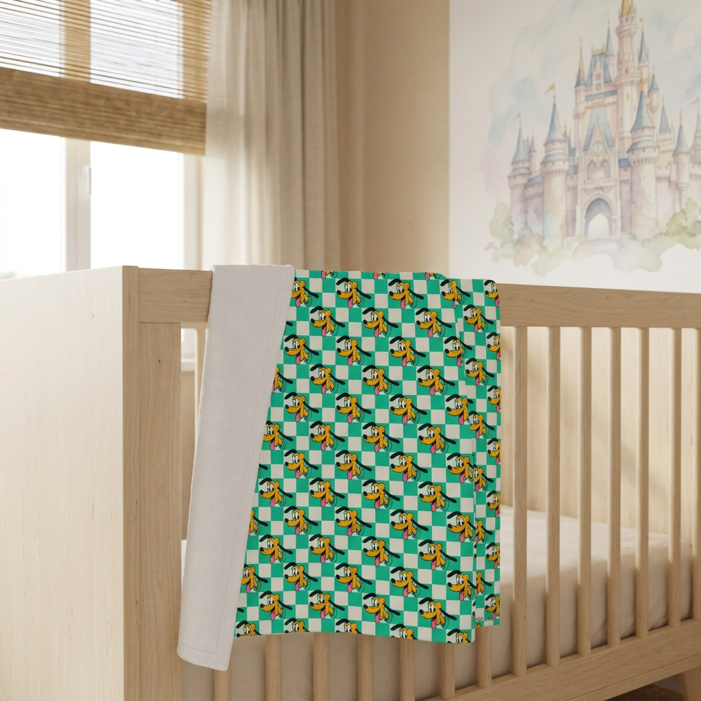Teal Checkerboard Pluto blanket in a warm neutral nursery