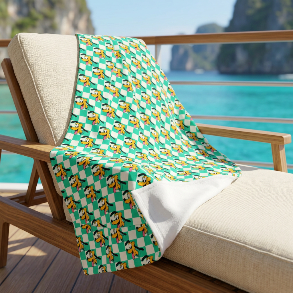 Teal Checkerboard Pluto blanket on a cruise balcony lounge chair