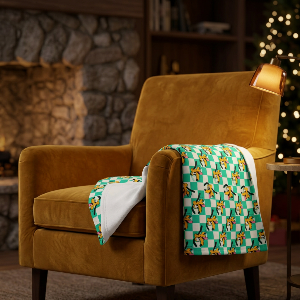Teal Checkerboard Pluto blanket on a mustard velvet fireside chair