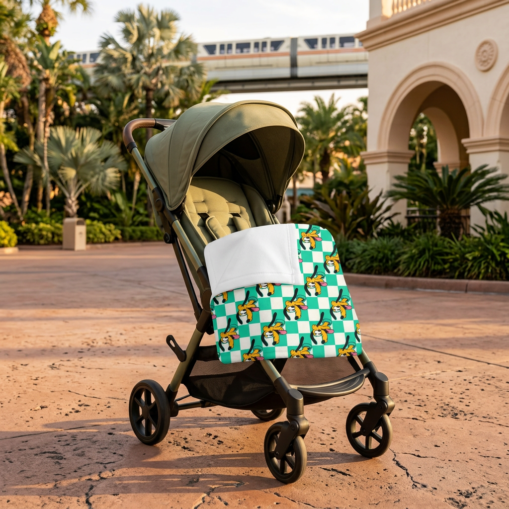 Teal Checkerboard Pluto blanket on an olive stroller in a tropical courtyard