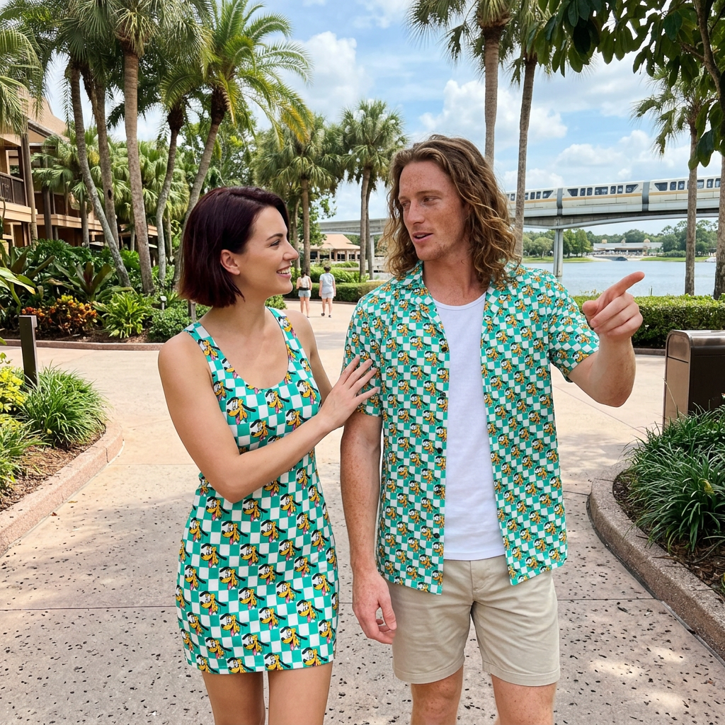 Teal Checkerboard Pluto couple on resort pathway