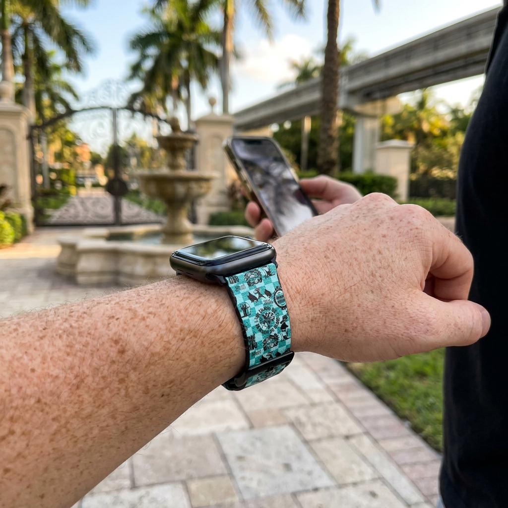 Teal icon-pattern watchband along a resort garden path