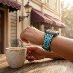 Teal icon-pattern watchband at a retro café