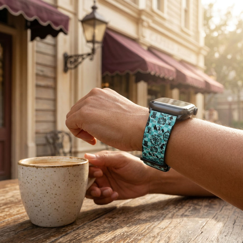 Teal icon-pattern watchband at a retro café