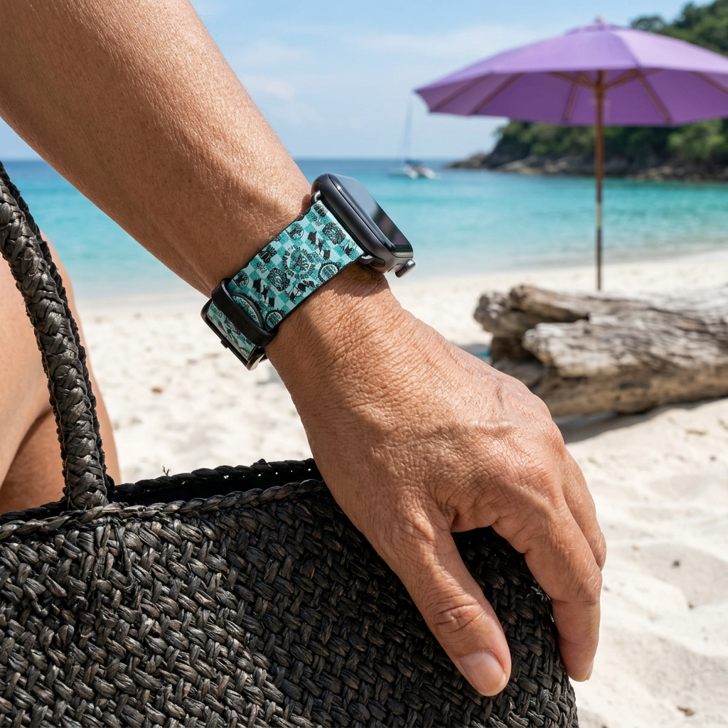 Teal icon-pattern watchband at a tropical cove