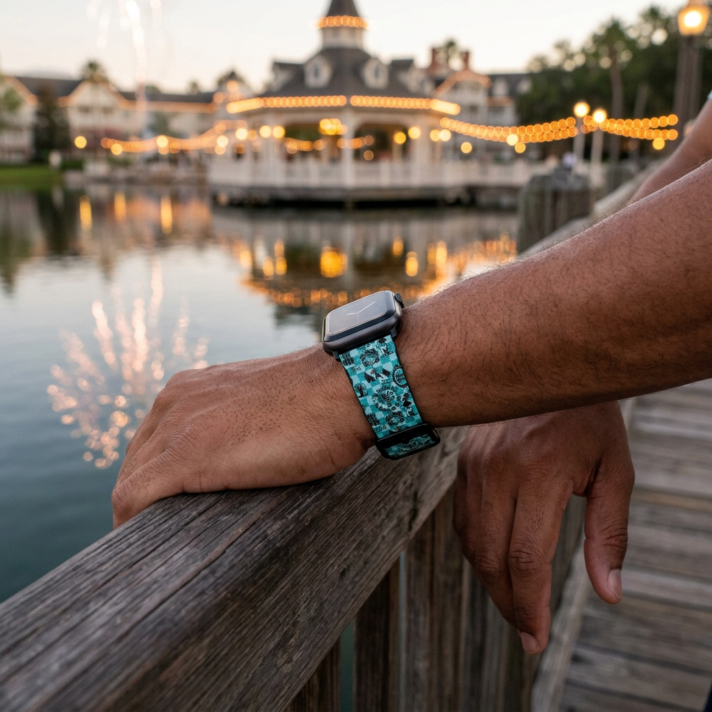 Teal icon-pattern watchband beside an illuminated waterfront pavilion