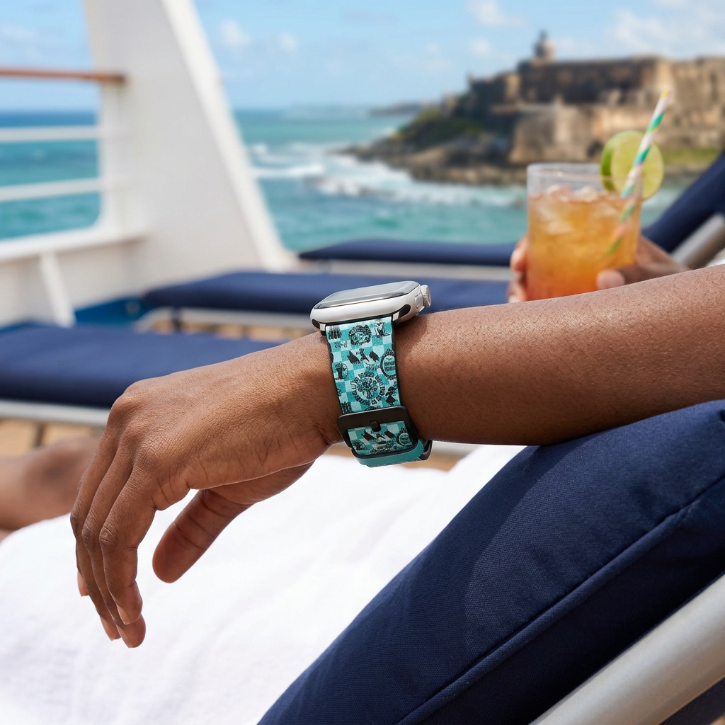 Teal icon-pattern watchband on a cruise veranda