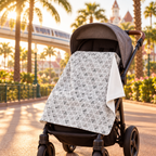 Theme park stroller scene with Epcot Ball Pattern baby blanket