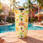 Tiki Room tumbler beside a pastel Caribbean resort pool
