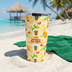 Tiki Room tumbler beside an emerald towel on a tropical beach