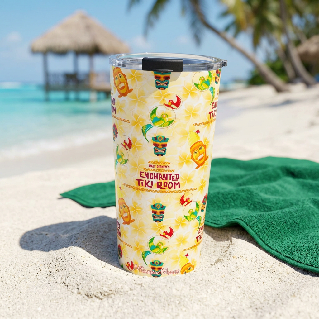 Tiki Room tumbler beside an emerald towel on a tropical beach