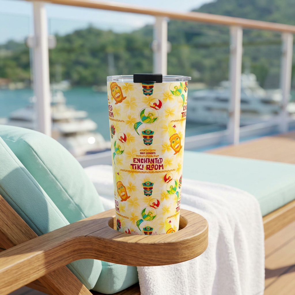 Tiki Room tumbler on a cruise lounger overlooking a tropical harbor