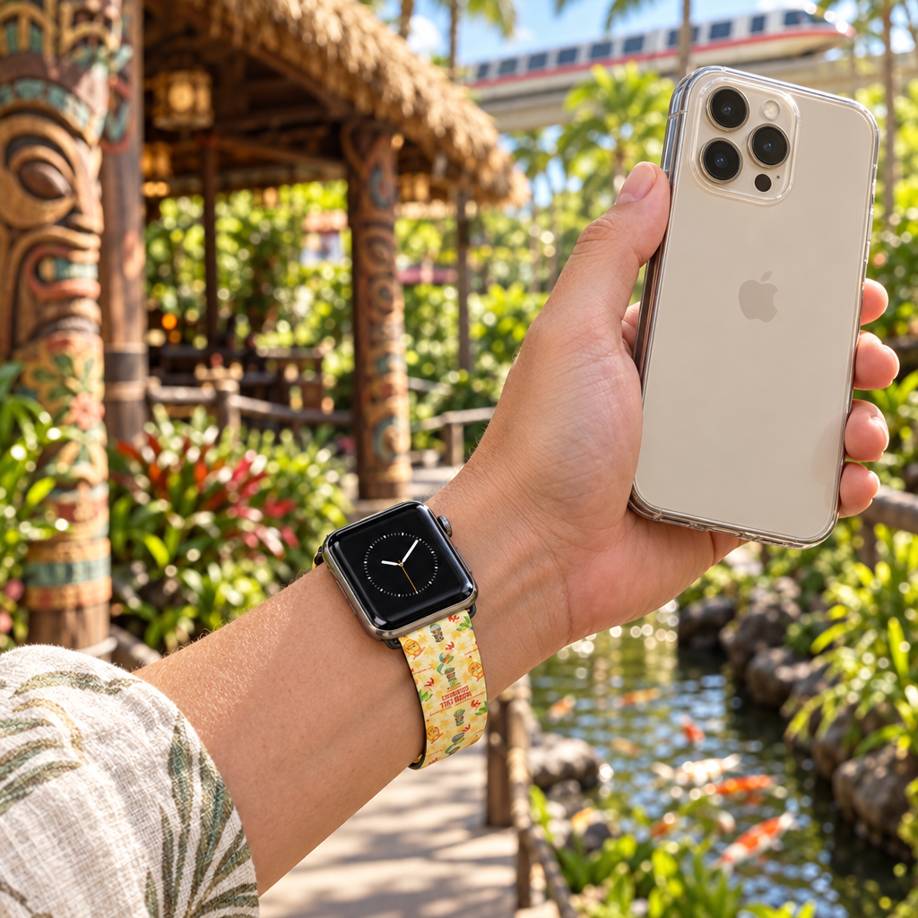 Tiki Room watchband along a tropical resort walkway