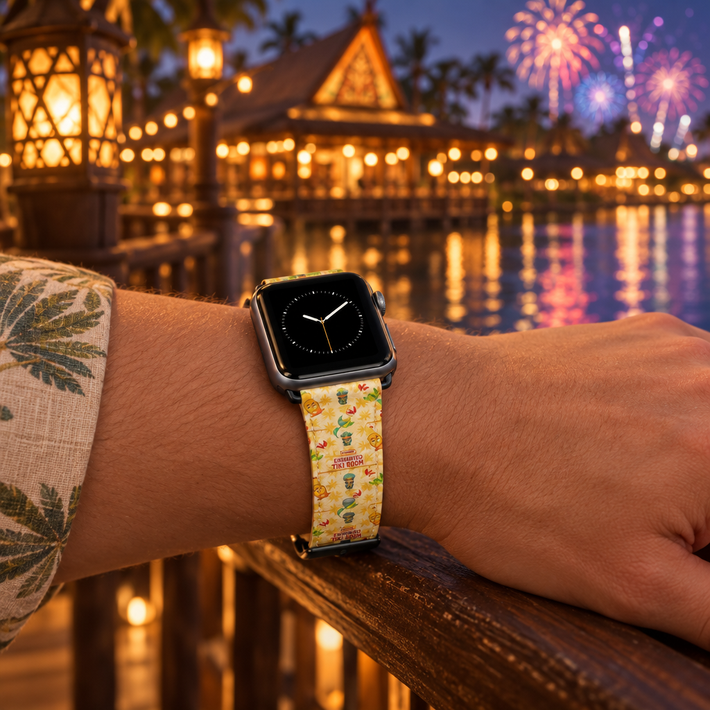 Tiki Room watchband beside a glowing waterfront pavilion