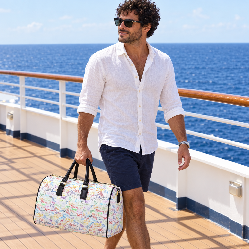 White autograph bag ship deck traveler