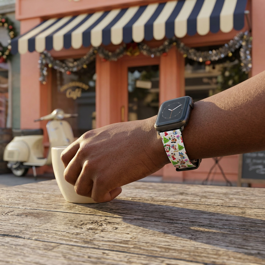 White festive watchband at a retro café