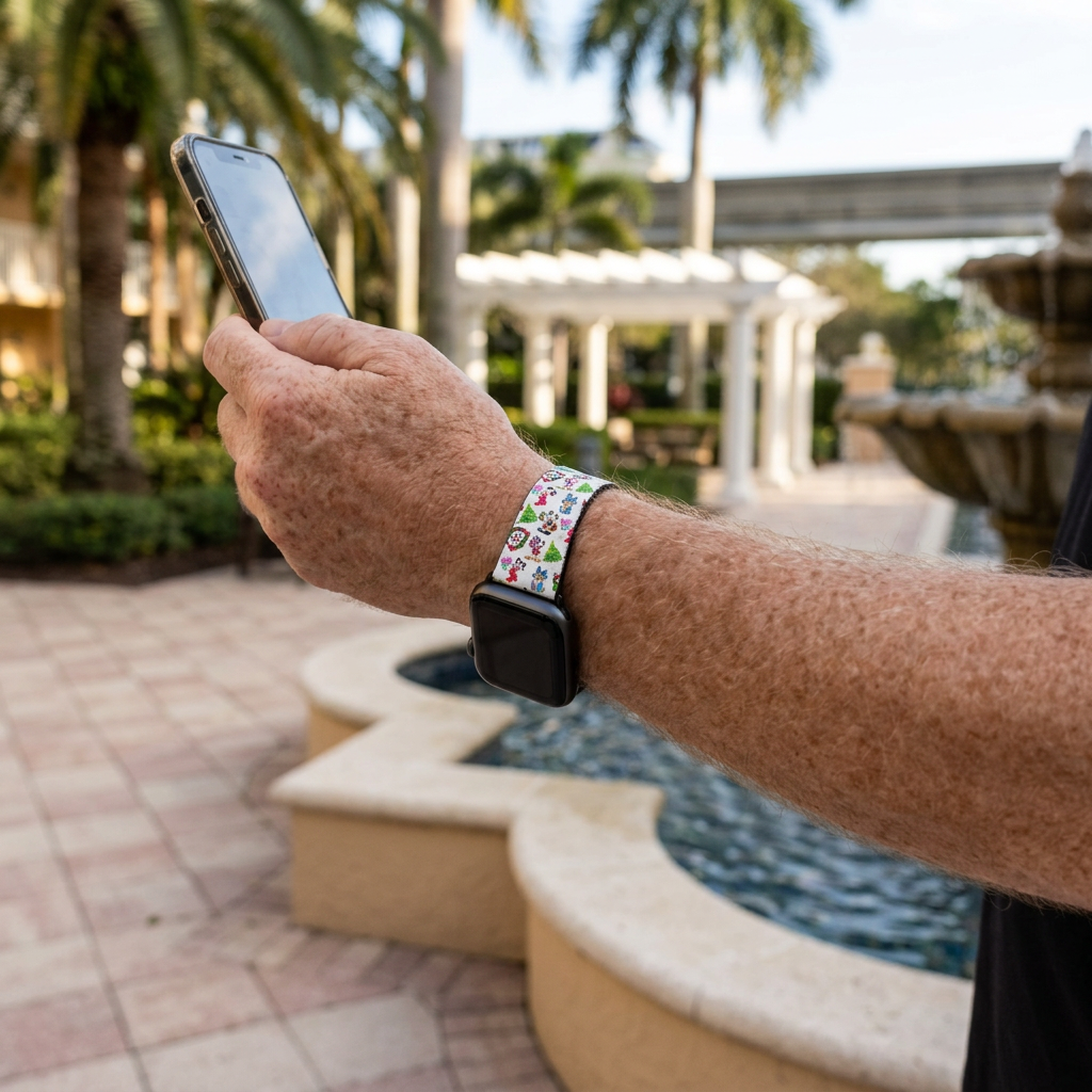 White festive watchband beside a resort fountain