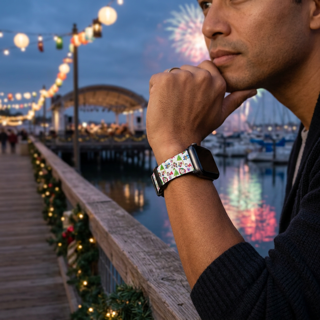 White festive watchband with waterfront pavilion lights and fireworks